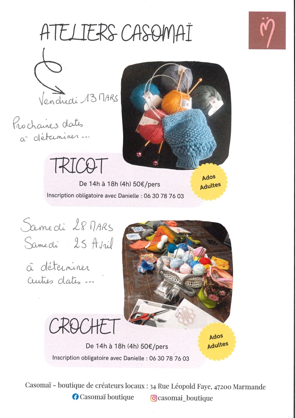 Ateliers Casomaï Tricot et Crochet 34 Rue Léopold Faye Marmande 2026-03-13