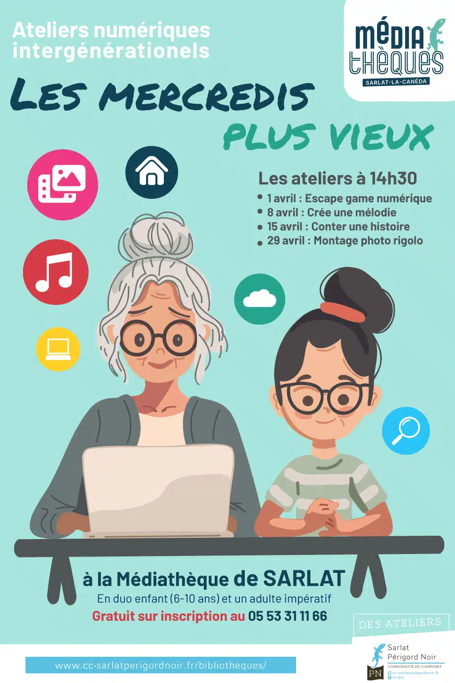 Ateliers numériques intergénérationels Les Mercredis Plus Vieux Médiathèque de Sarlat Sarlat-la-Canéda 2026-03-29