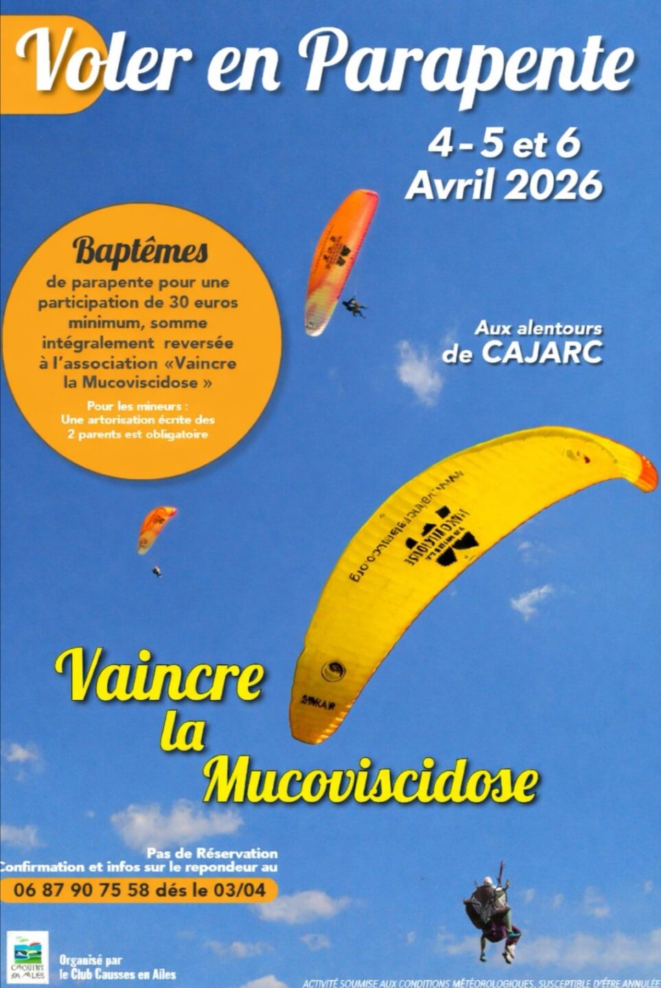 Baptêmes de parapente solidaires à Cajarc aux alentours de Cajarc Cajarc 2026-04-04