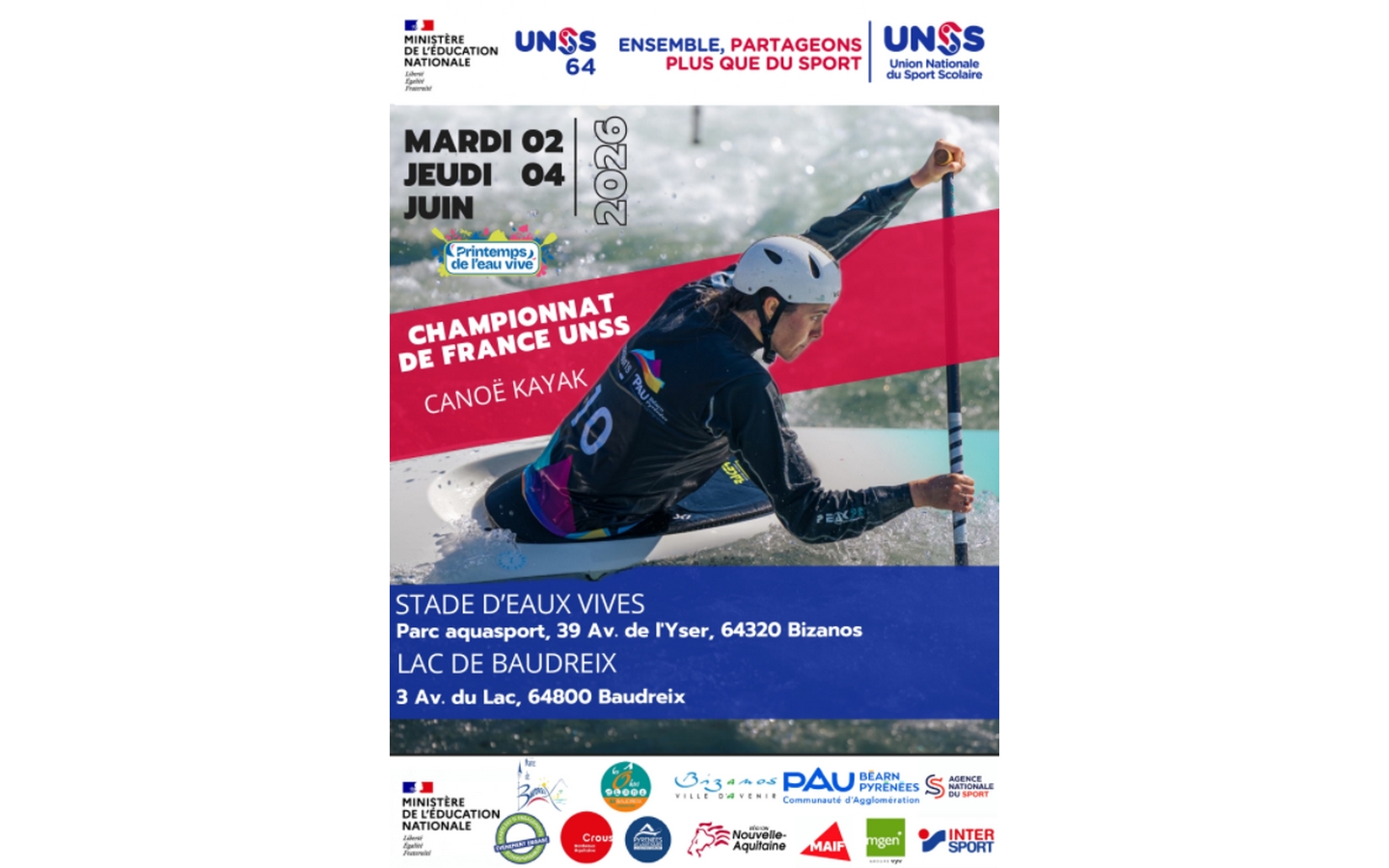 Championnat de France Canoë Kayak UNSS Parc Aquasports Bizanos 2026-06-04