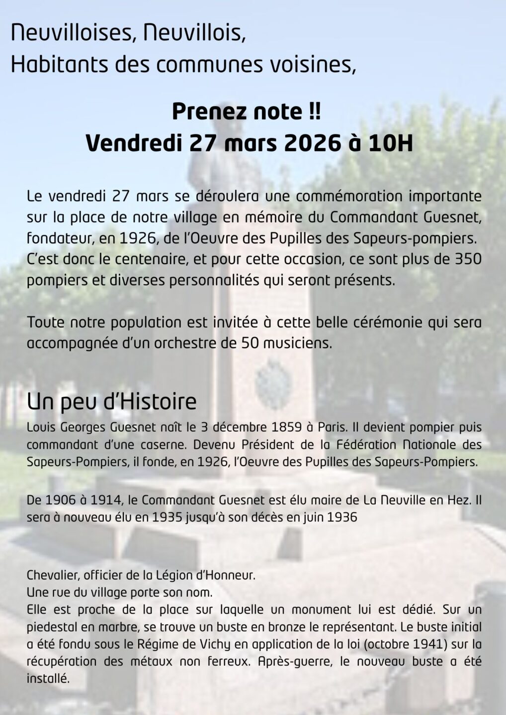 Commémoration et Hommage au Commandant Guesnet Place du village La Neuville-en-Hez 2026-03-27