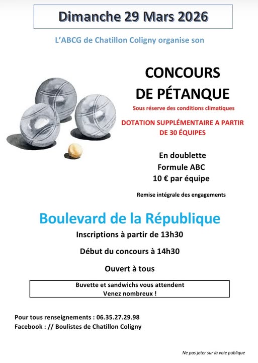Concours de pétanque en doublette  Châtillon-Coligny 2026-03-29