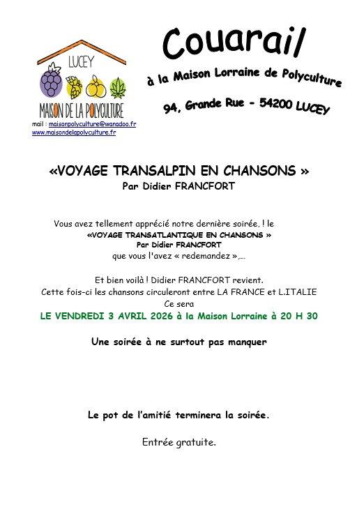 Couarail Voyage Transalpin en chansons Maison Lorraine de la Polyculture 94 Grande rue Lucey 2026-04-03