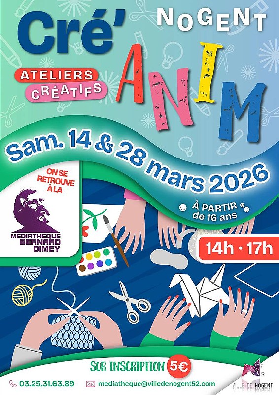 Cré'Anim Ateliers créatifs adulte Médiathèque Bernard Dimey Nogent 2026-03-28