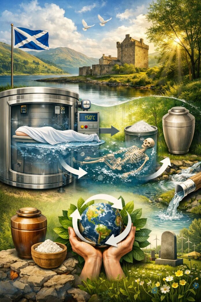 Illustration du principe de la crémation par l’eau (hydrolyse alcaline), nouvelle méthode funéraire écologique légalisée en Écosse.