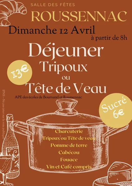 Déjeuner tripoux ou tête de veau  Roussennac 2026-04-12
