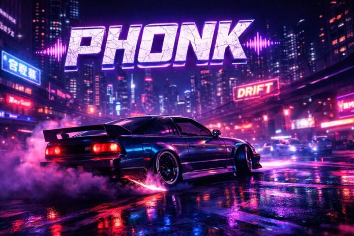 Drift automobile nocturne sous néons dans une ville futuriste, esthétique cyberpunk associée à la musique phonk