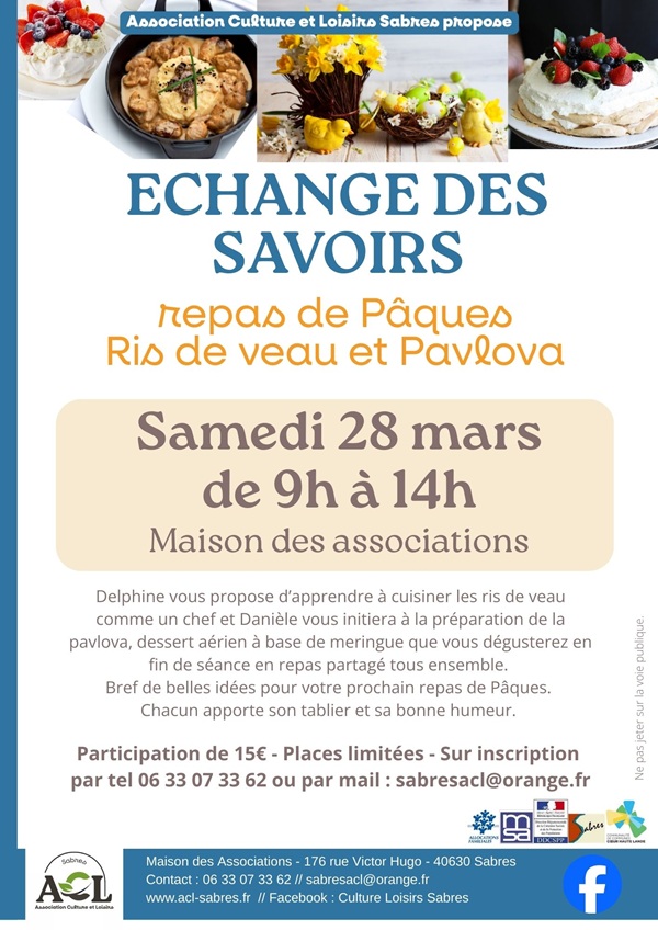 Echange des savoirs Repas de Pâques 176 rue Victor Hugo Sabres 2026-03-28