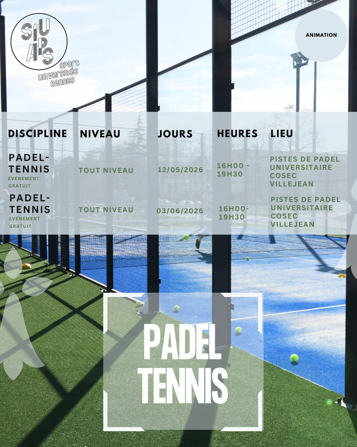 Evènement padel tennis Pistes de padel Universitaire - COSEC Villejean Rennes