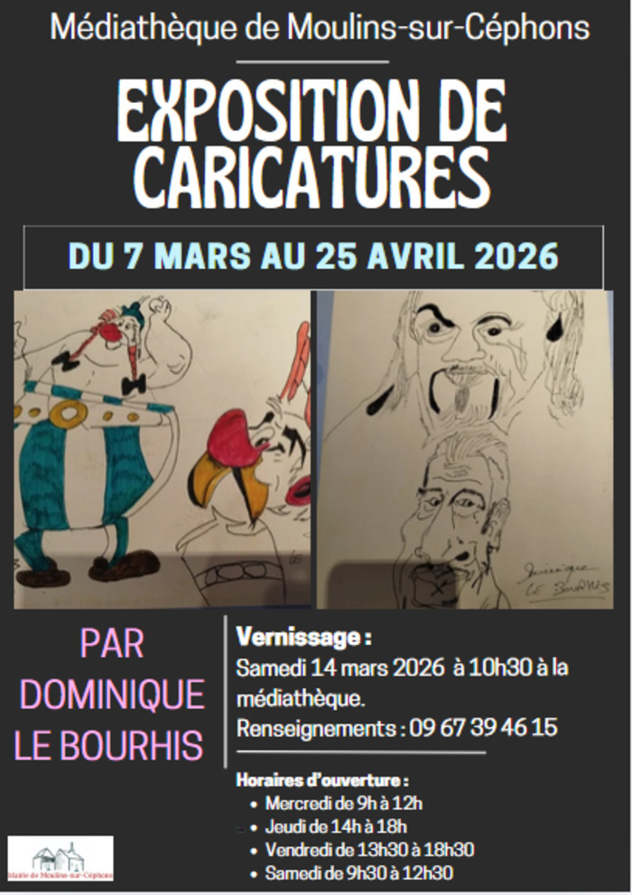Exposition des caricatures de Dominique Le Bourhis Médiathèque Maison de Bois Moulins-sur-Céphons
