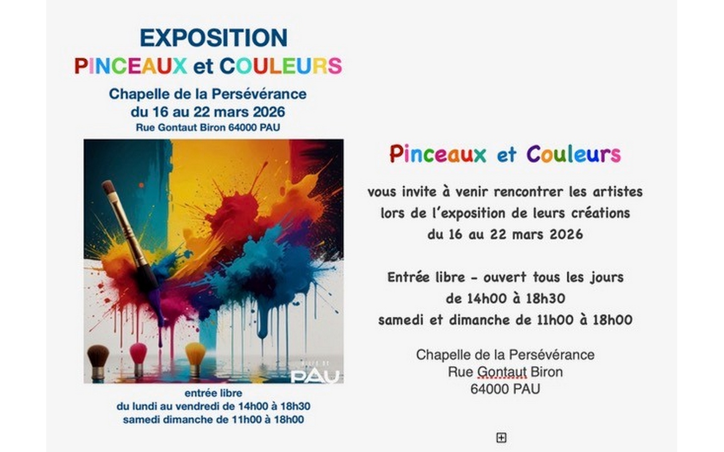 Exposition: Pinceaux et couleurs Chapelle de la Persévérance Pau 2026-03-16