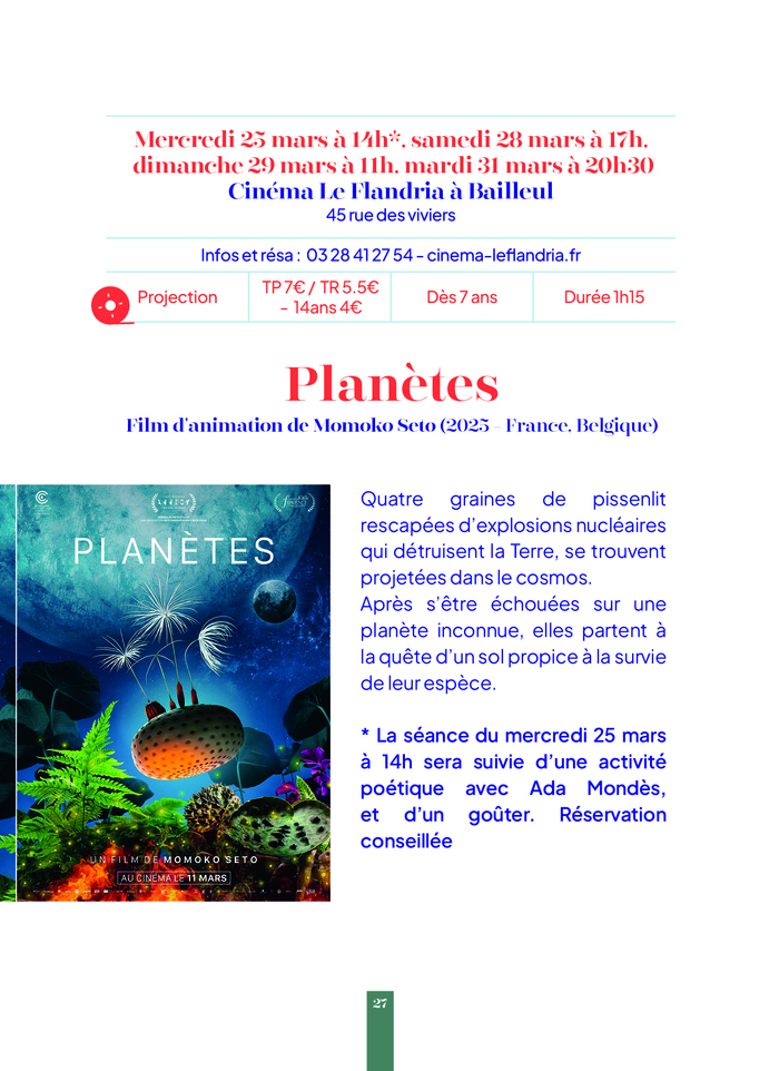 Film d'animation "Planètes" -- Printemps des Poètes Cinéma Le Flandria Bailleul