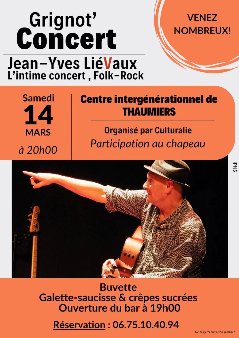 Grignot'Concert avec Jean-Yves Liévaux 29 rue Principale Thaumiers 2026-03-14