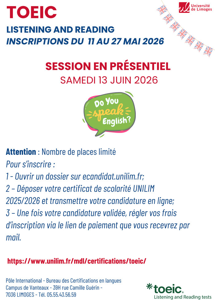 Inscription session TOEIC en présentiel Limoges Limoges