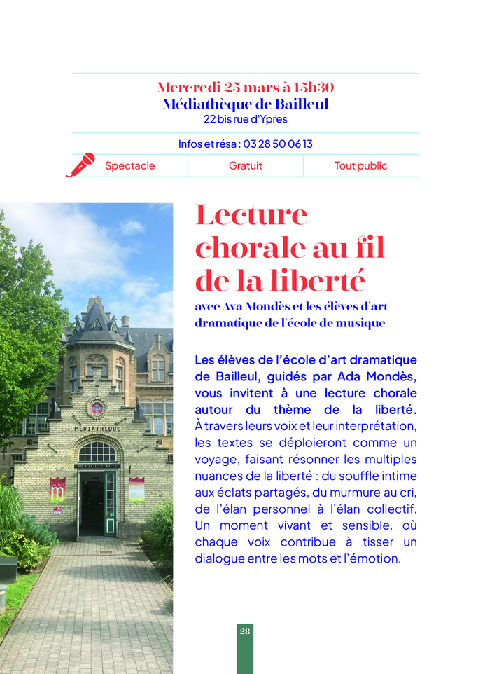 Lecture chorale "Au fil de la liberté" -- Printemps des Poètes Médiathèque de Bailleul Bailleul