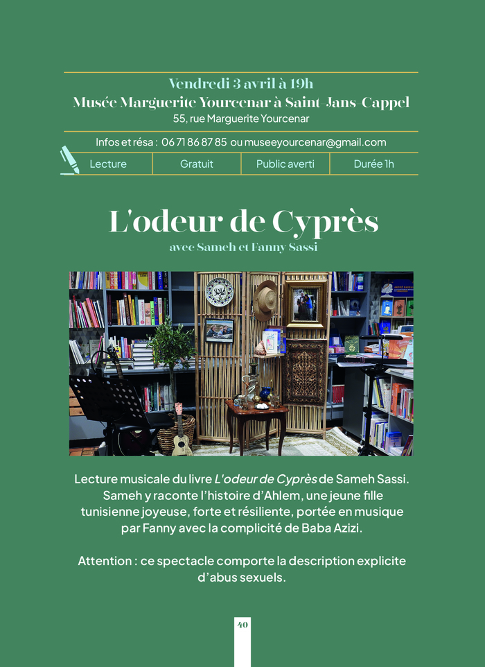 Lecture "L'odeur de Cyprès" -- Printemps des Poètes Musée Marguerite Yourcenar Saint-Jans-Cappel