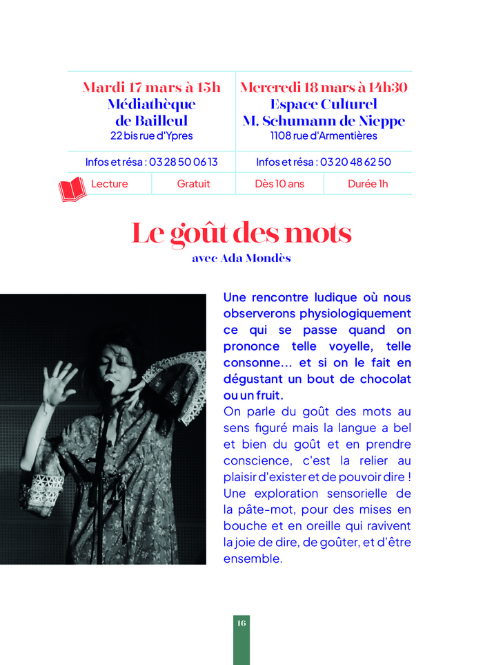 Lecture ludique "Le Goût des Mots" avec Ada Mondès -- Printemps des Poètes à Nieppe Espace Maurice Schumann (Nieppe) Nieppe