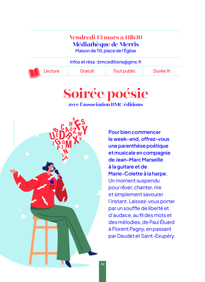 Lecture musicale "Soirée poésie" -- Printemps des Poètes Médiathèque de Merris Merris