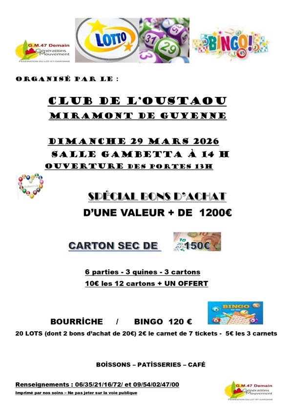 Loto du club de l'Oustaou Boulevard Gambetta Miramont-de-Guyenne 2026-03-29