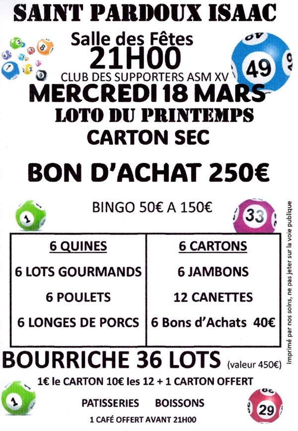 Loto du club des supporters de l'ASM XV Salle des fêtes Saint-Pardoux-Isaac 2026-03-18