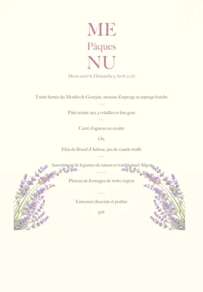 Menu de Pâques au Moulin d'Alexandre Le Bourg Sainte-Eulalie-d'Olt 2026-04-05