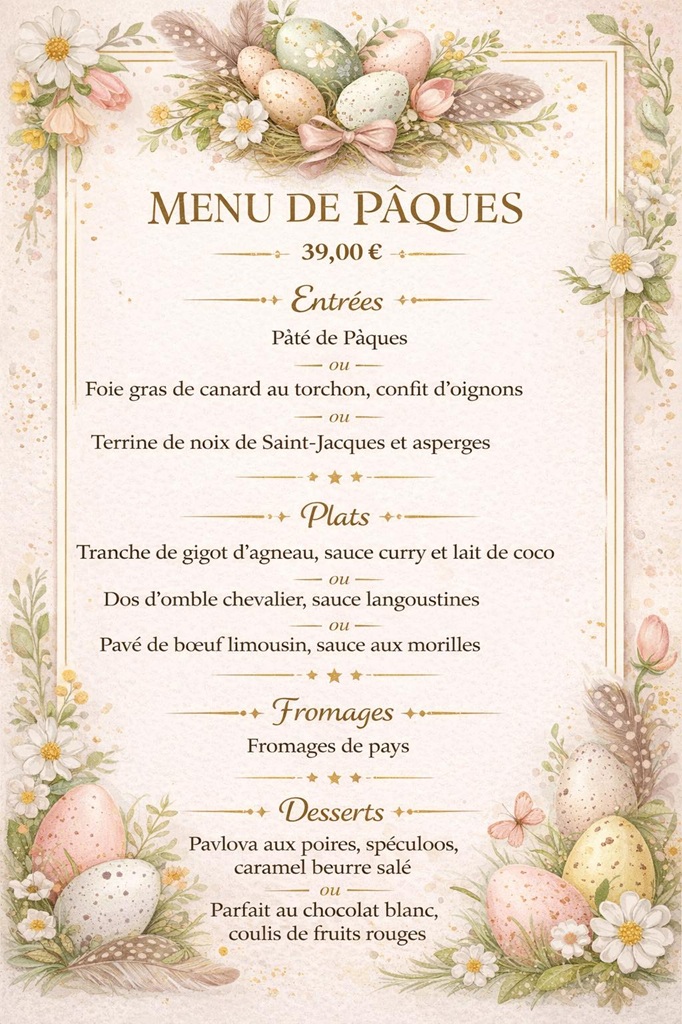 Menu de Pâques 6 Place Rochefort Guéret 2026-04-05