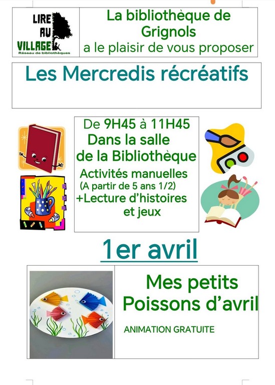 Mercredi récréatif Bibliothèque Grignols 2026-04-01