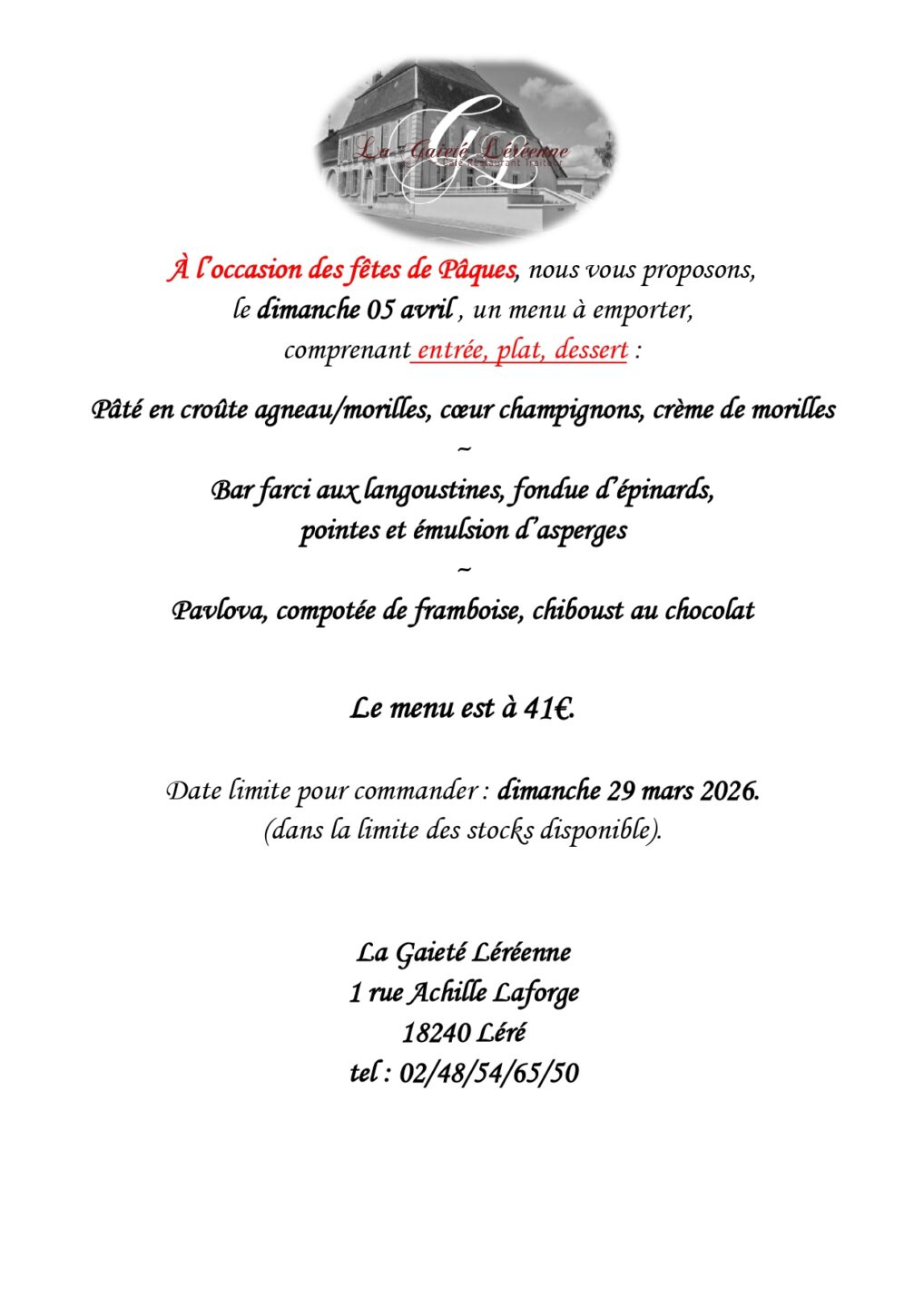 [Pâques] Célébrez Pâques avec un bon repas fait maison ! 1 rue Achille Laforge Léré 2026-04-03