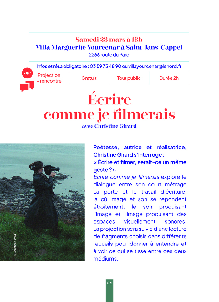 Projection et rencontre "Écrire comme je filmerais" -- Printemps des Poètes Villa Marguerite Yourcenar Saint-Jans-Cappel