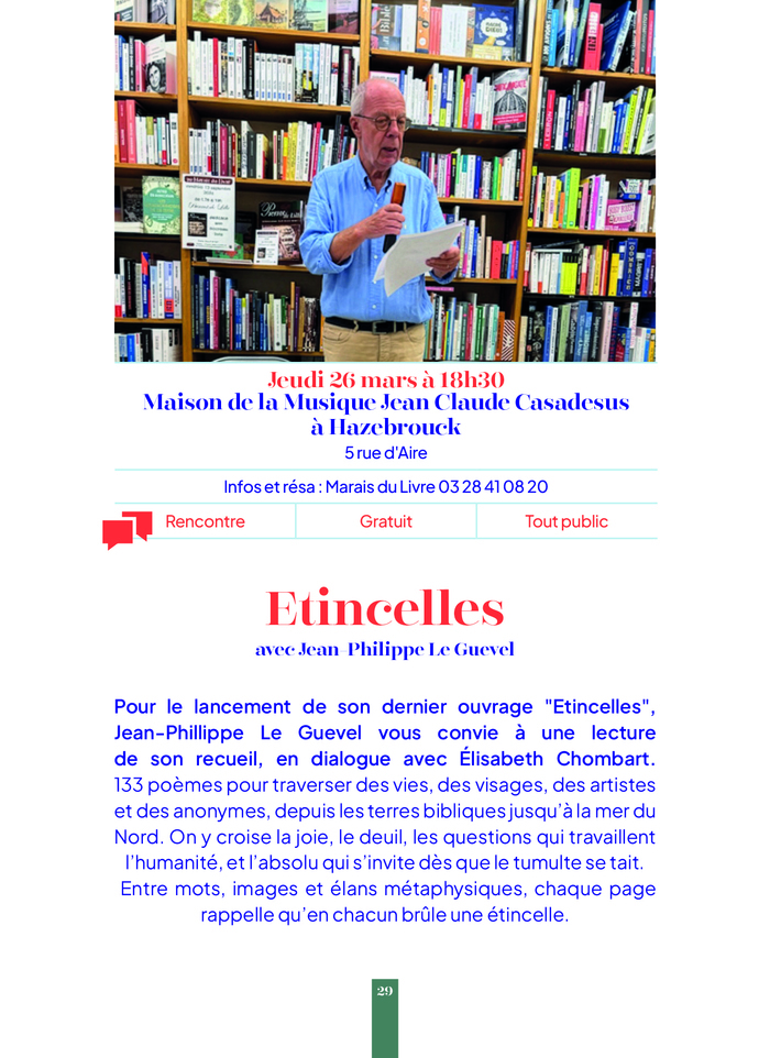Rencontre - Lecture avec Jean-Philippe Le Guevel -- Printemps des Poètes Maison de la Musique Jean Claude Casadesus Hazebrouck