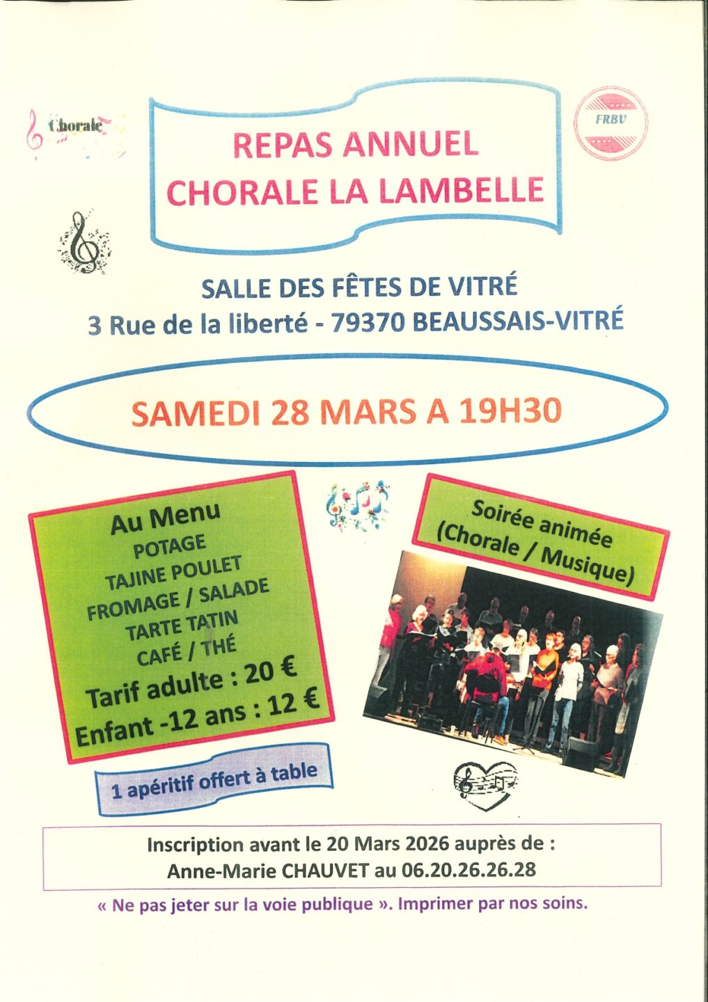 Repas annuel Chorale la Lambelle 3 rue de la liberté Beaussais-Vitré 2026-03-28