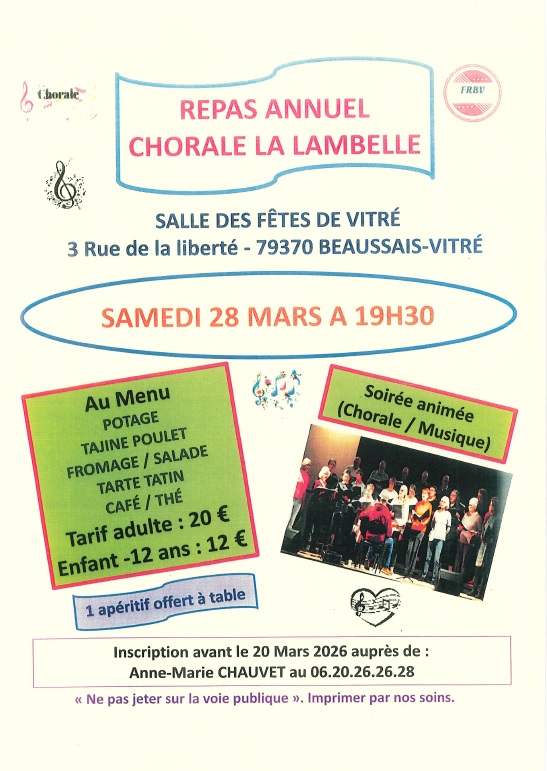 Repas annuel de la chorale La Lambelle 3 Rue de la Liberte Beaussais-Vitré 2026-03-28