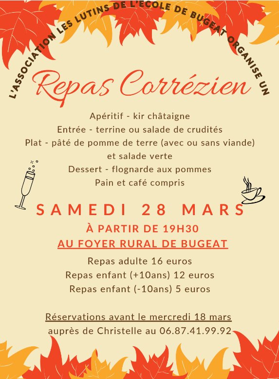 Repas Corrézien de l'association Les lutins Foyer Rural Bugeat 2026-03-28