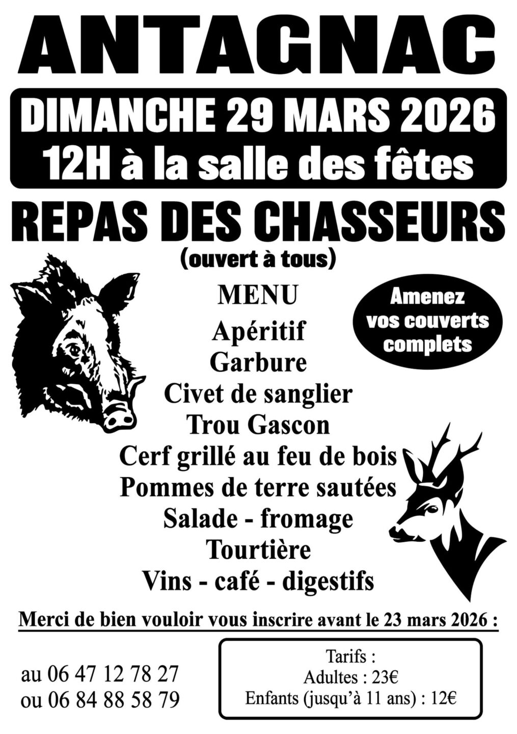 Repas des chasseurs Salle des fêtes Antagnac 2026-03-29
