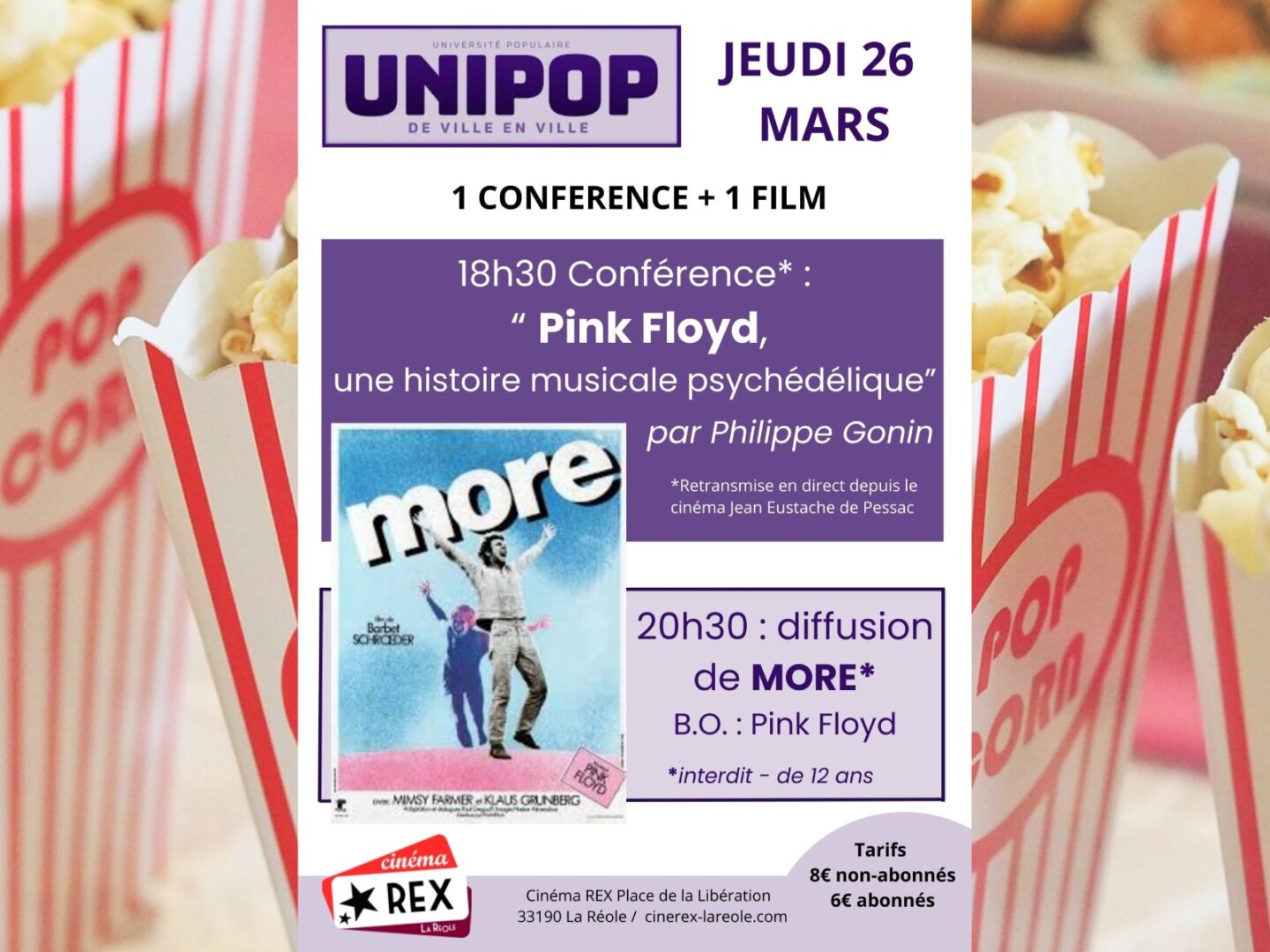 Séance Unipop More et conférence Pink floyd Cinéma Rex La Réole 2026-03-26