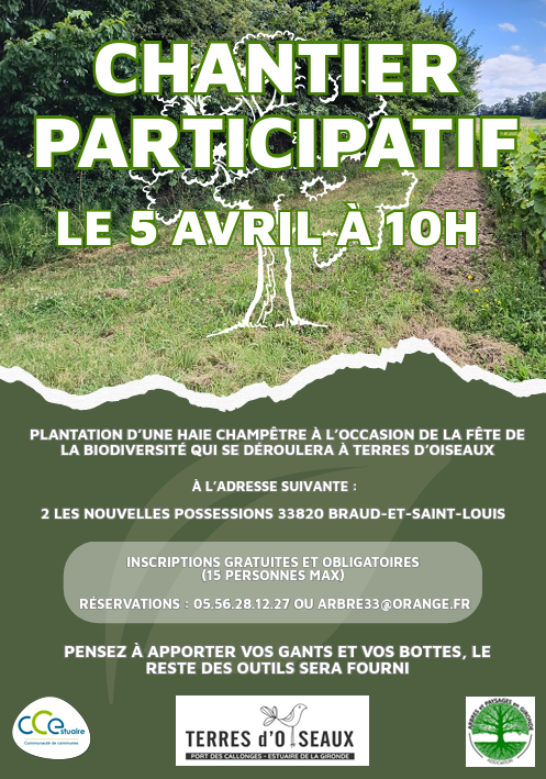SEMAINE DE LA BIODIVERSITÉ Chantier participatif Plantation d'une haie champêtre à Terres d'Oiseaux 2 les nouvelles possessions Braud-et-Saint-Louis 2026-04-05