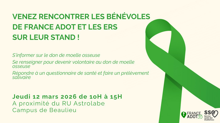 Sensibilisation au don de moelle osseuse - 12 mars 2026 à Beaulieu RU ASTROLABE - CAMPUS DE BEAULIEU Rennes