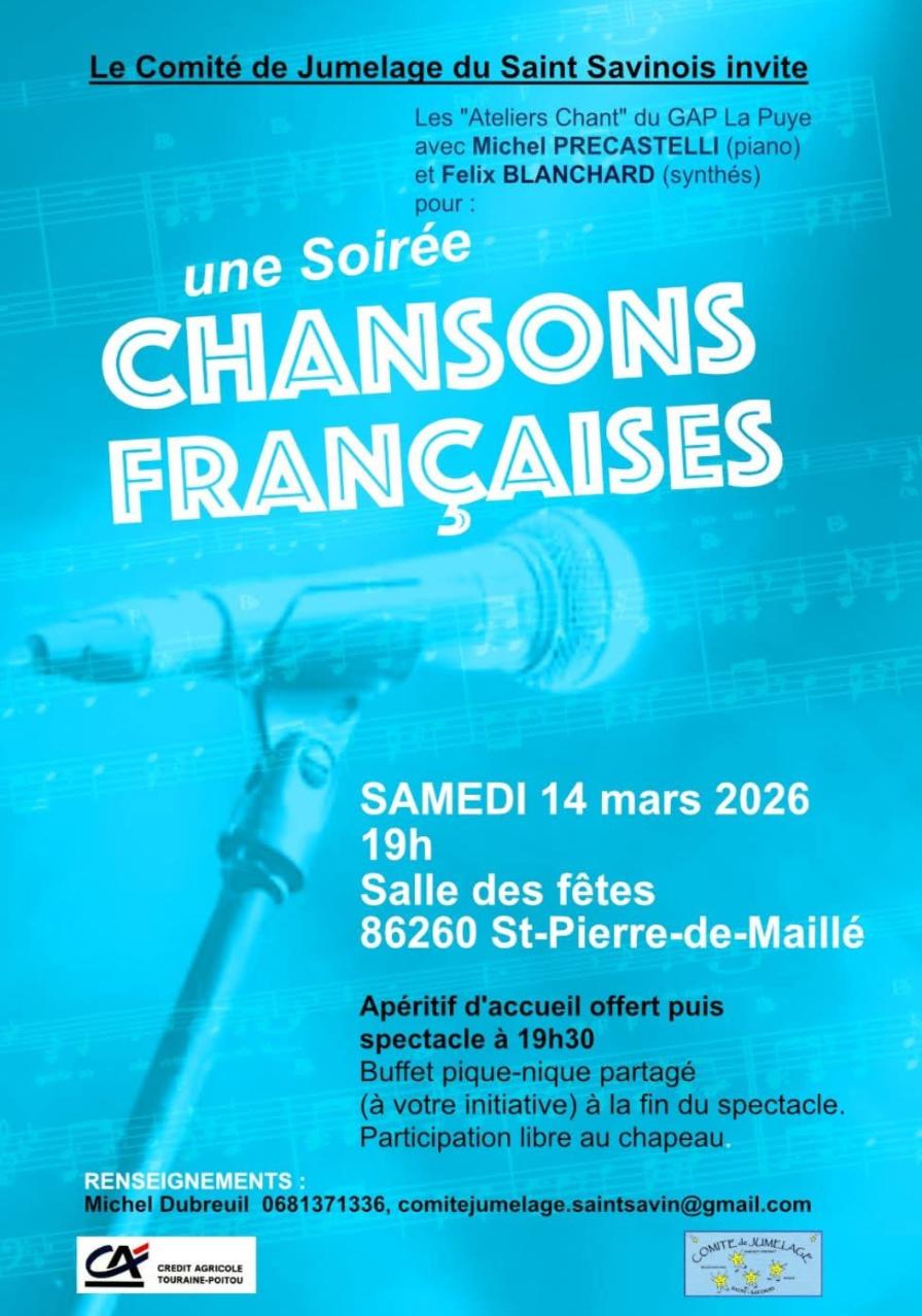 SOIRÉE CHANSONS FRANÇAISES LE 14 MARS 19H A SAINT PIERRE DE MAILLÉ