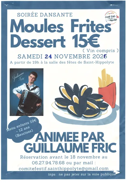 Soirée dansante moules frites animée par Guillaume Fric Saint-Hippolyte 2026-11-21