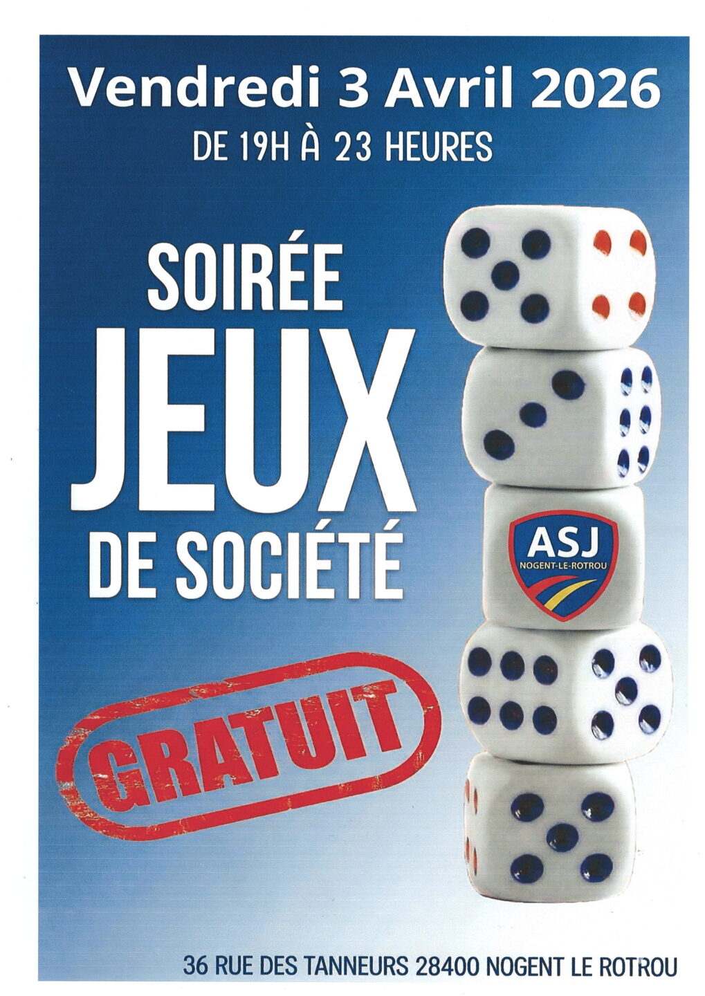 Soirée jeux de société à l'ASJ 36 Rue des Tanneurs Nogent-le-Rotrou 2026-04-03