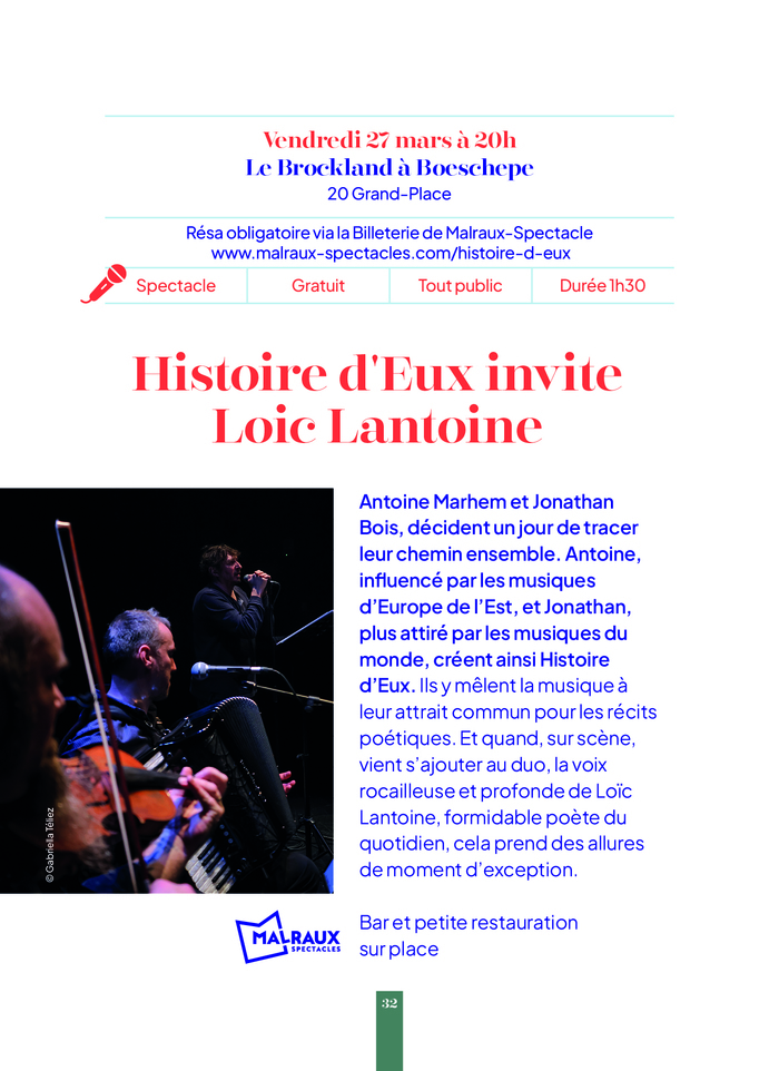 Spectacle musical "Histoire d'Eux invite Loic Lantoine" -- Printemps des Poètes Le Brockland  Boeschèpe Boeschepe