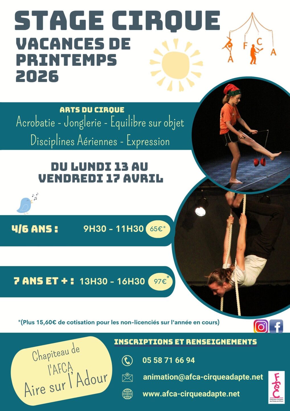 Stage de cirque vacances de printemps Chapiteau de l'AFCA Aire-sur-l'Adour 2026-04-13