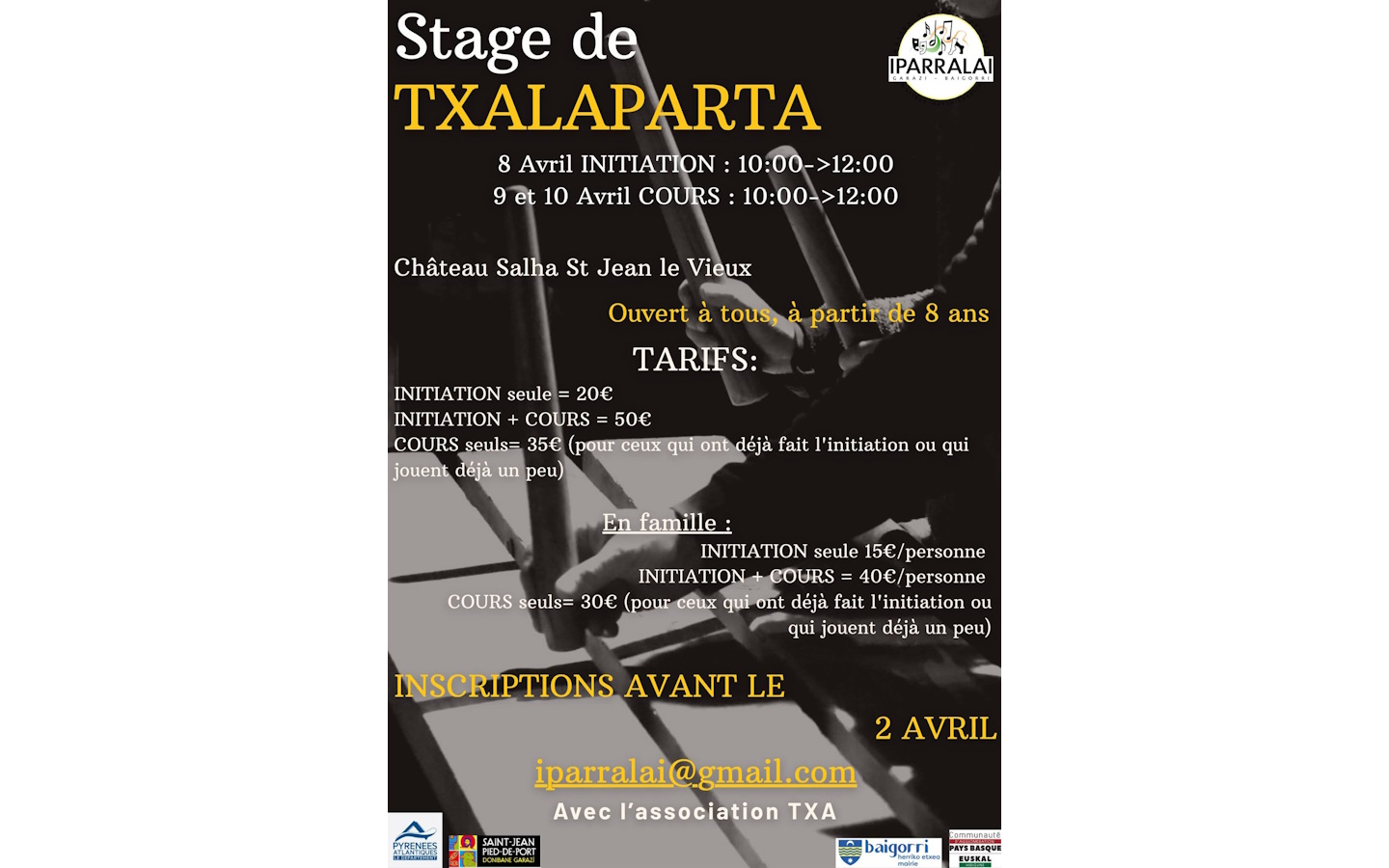 Stage de txalaparta initiation Château Salha Saint-Jean-le-Vieux 2026-04-08