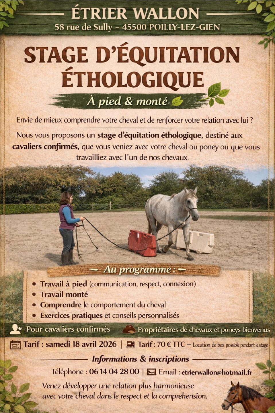 STAGE D'EQUITATION ETHOLOGIQUE 58 Rue de Sully Poilly-lez-Gien 2026-04-18