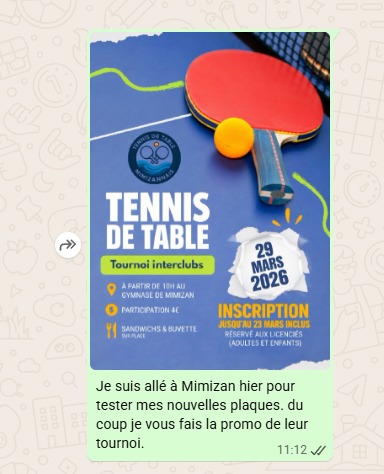 Tournoi interclubs tennis de table Complexe sportif du moulin neuf Mimizan 2026-03-29