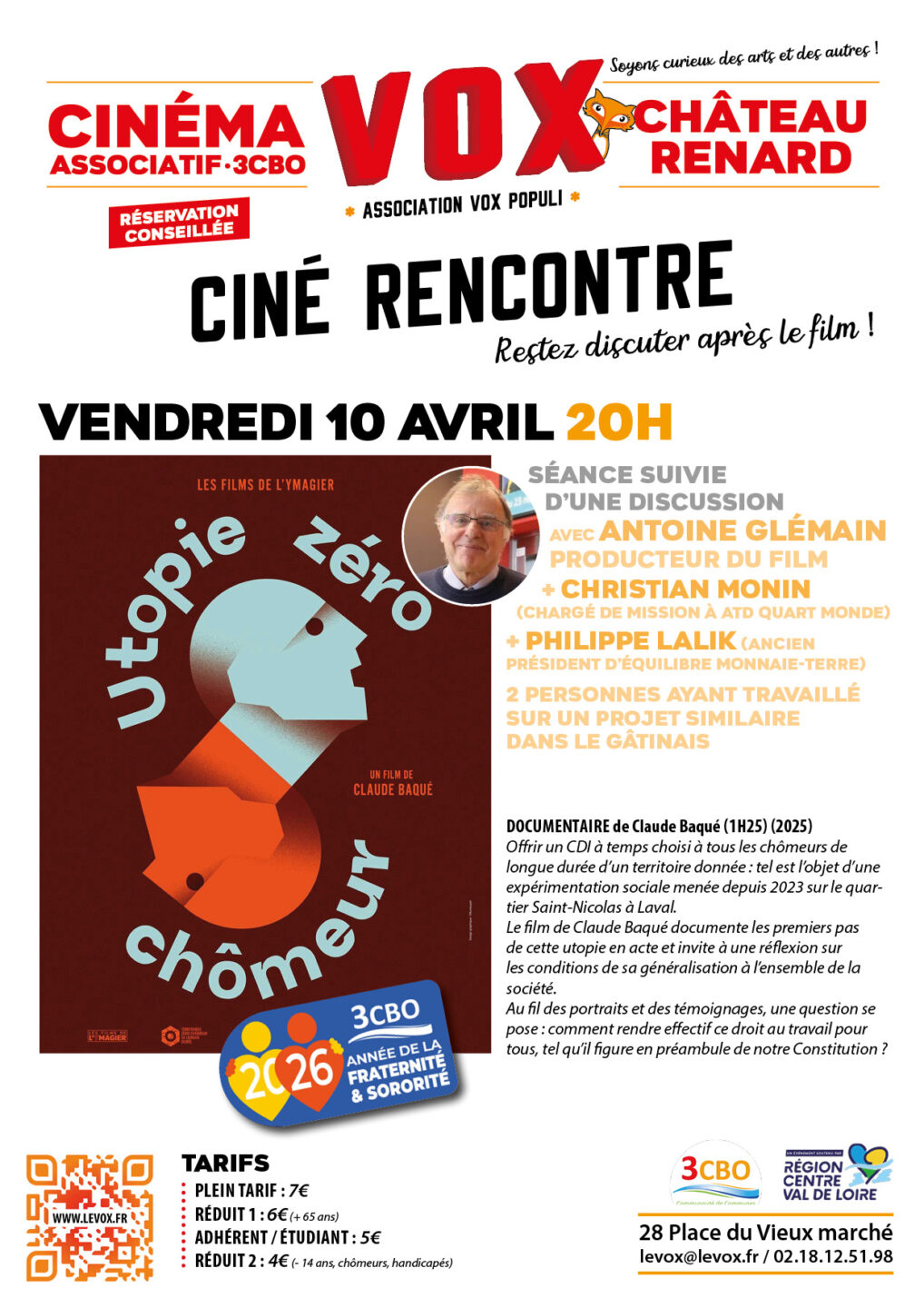 UTOPIE ZERO CHOMEUR (ciné-discussion) 28 Place du Vieux Marché Château-Renard 2026-04-10