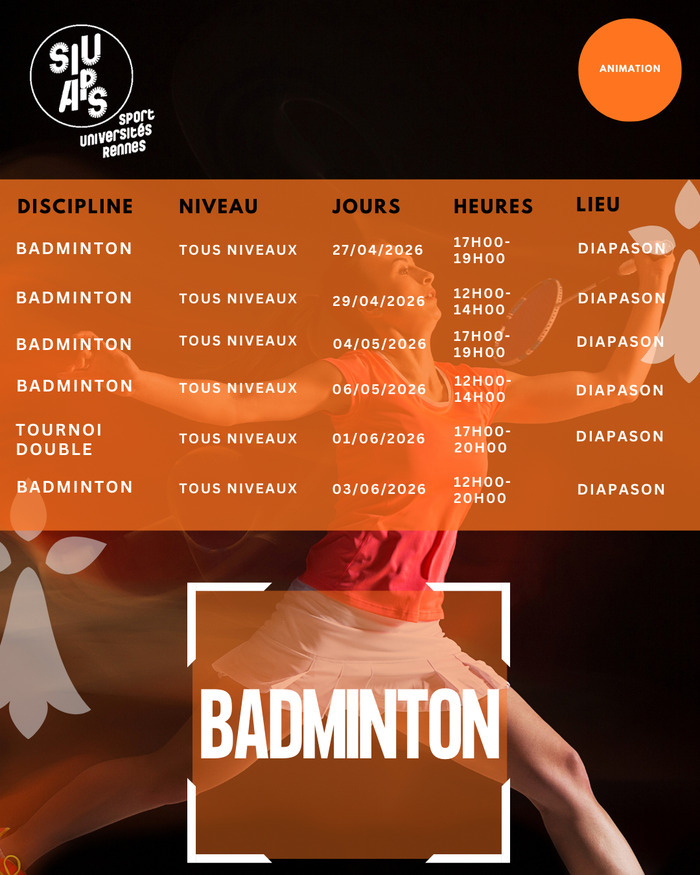 Animations badminton Mai – Juin Le Diapason – Campus Beaulieu Rennes