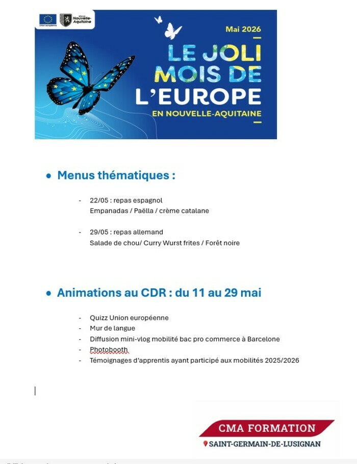 Animations et repas thématiques Joli mois de L'Europe CMA Formation -  40 route de Saint Genis - 17500 Saint Germain de Lusignan Jonzac