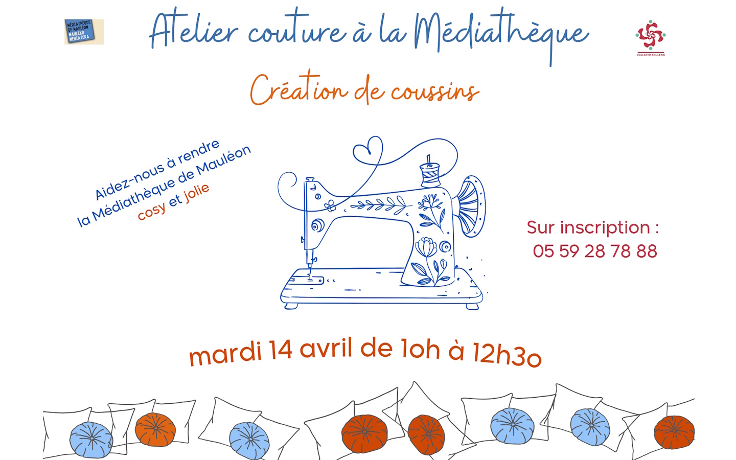 Atelier couture création de coussins Médiathèque Mauléon-Licharre