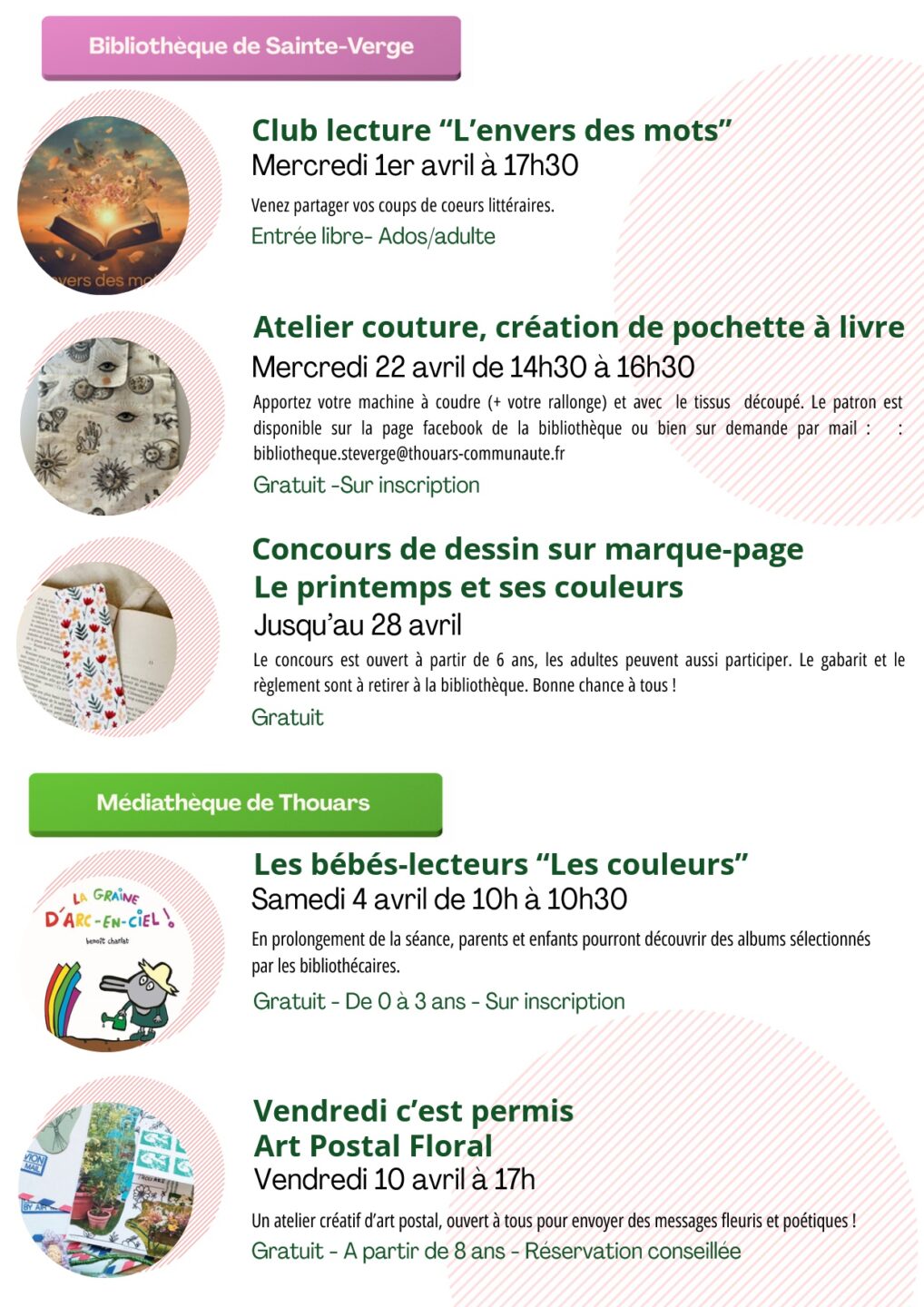 Atelier couture, création de pochette à livre Bibliothèque de Ste Verge Sainte-Verge